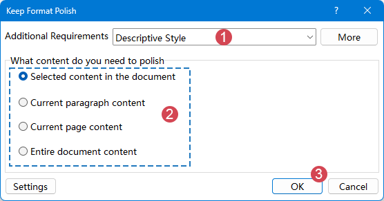 a screenshot showing the options in the Polish Document dialog box