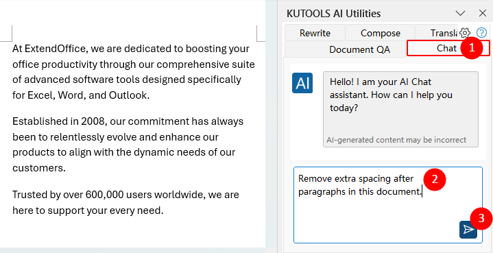 Chat tab in Kutools AI Utilities with a request typed in