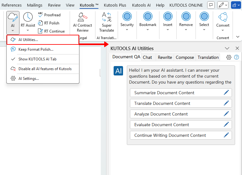 Open Kutools AI Utilities pane