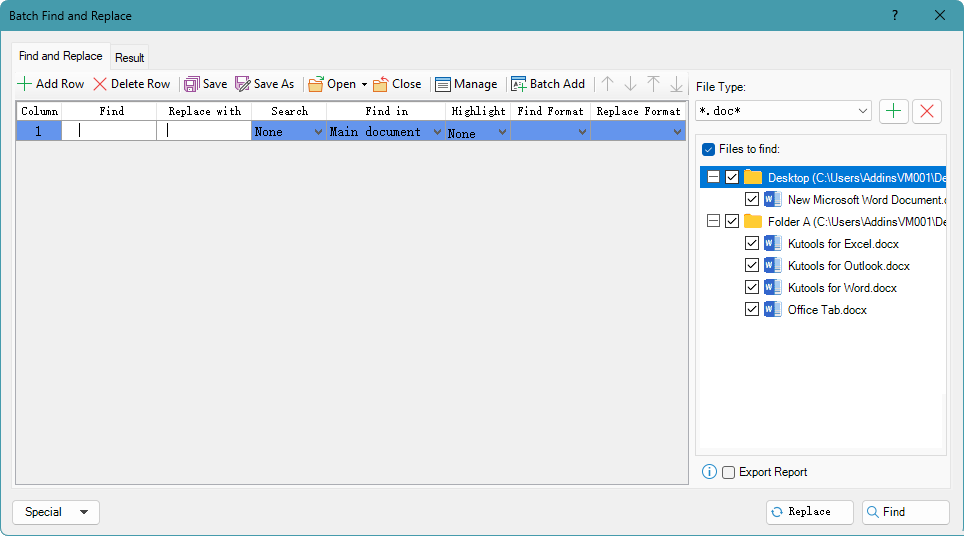 Batch Find and Replace dialog