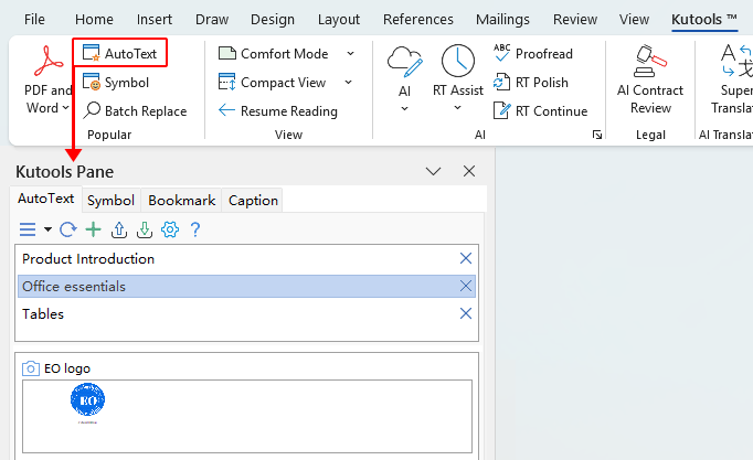 AutoText button on the Kutools tab