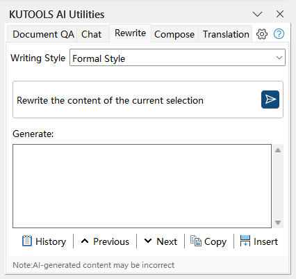 Rewrite tab displayed in the Kutools AI Utilities pane