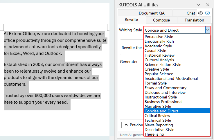 Writing Style dropdown in the Rewrite tab showing multiple rewrite style options