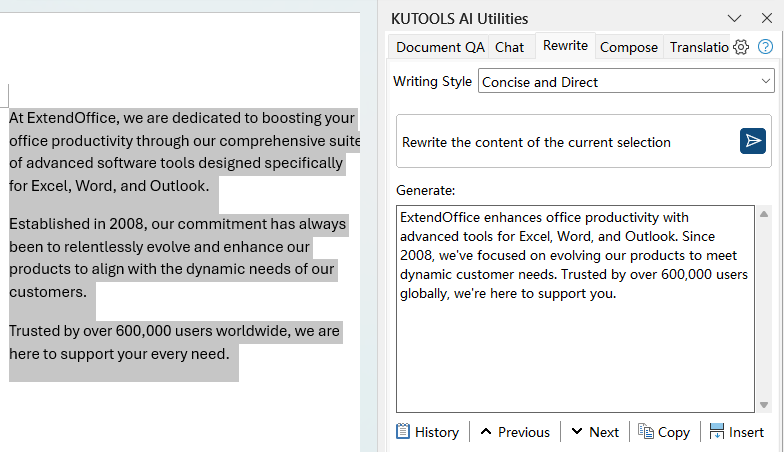 Polished or rewritten text generated by Kutools AI