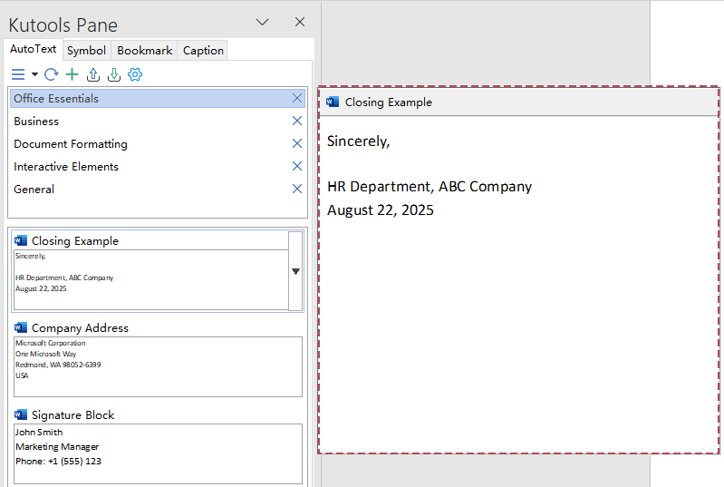 Show floating preview of AutoText entry option