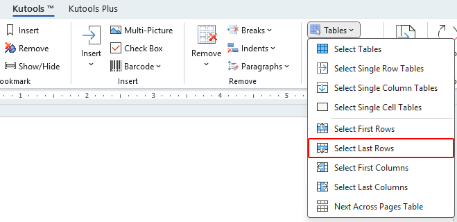 Izberite možnost Zadnje vrstice v meniju Kutools Tables