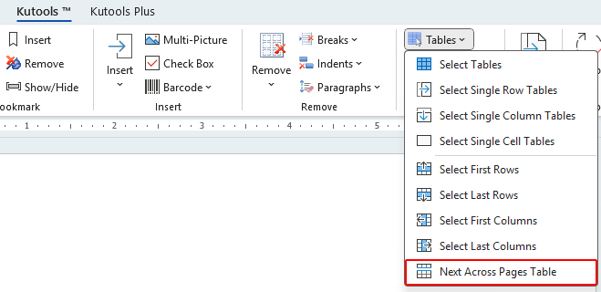 Možnost naslednje tabele čez strani v meniju Kutools Tables