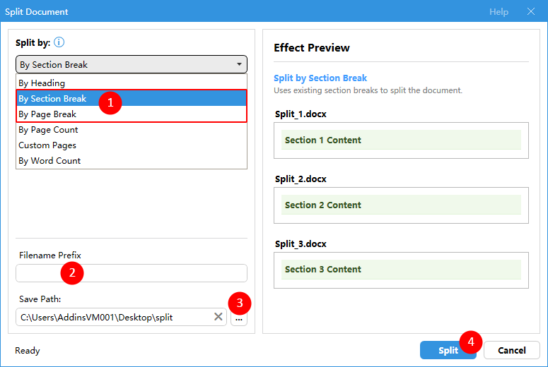 Split a document by section breaks or manual page breaks using Kutools for Word