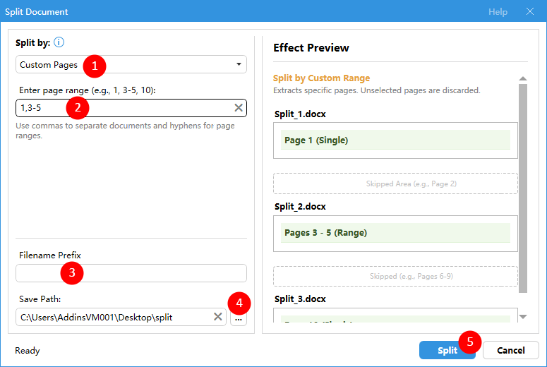Split a document by custom page ranges using Kutools for Word