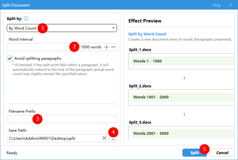 Split a document by word count using Kutools for Word
