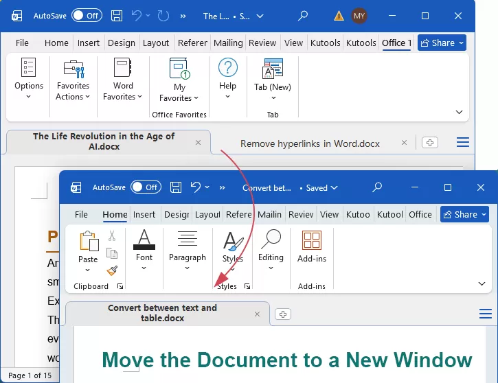 selected document is removed to a new Office window