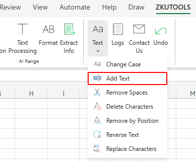 Add Text in Zkutools Anywhere for Excel on Excel Ribbon