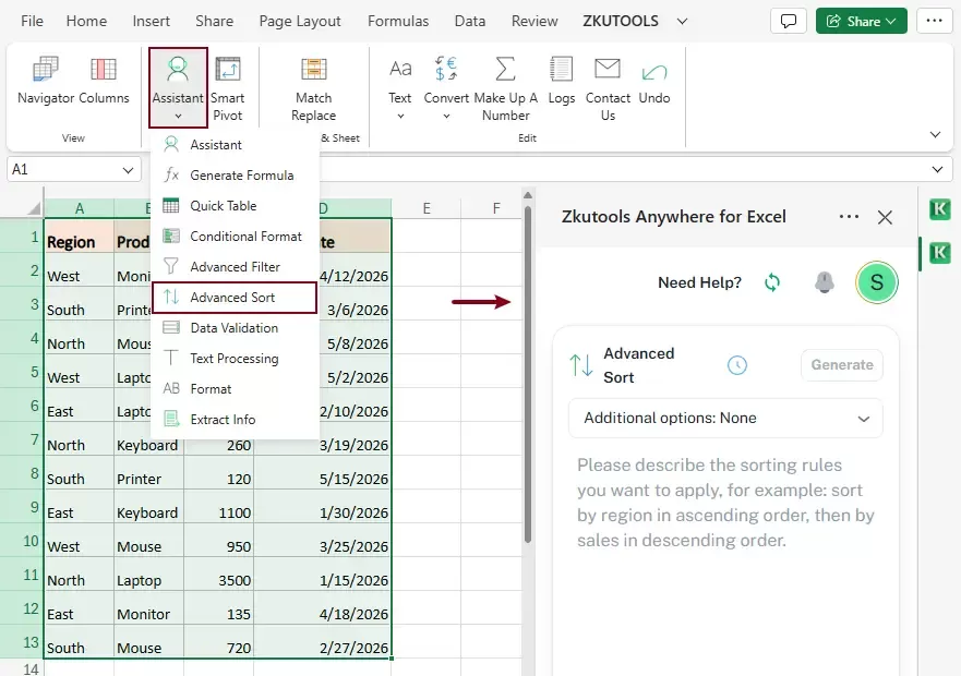 Click ZKutools > Advanced Sort to Open Advanced Sort