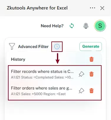 all used filtering conditions are in the History menu