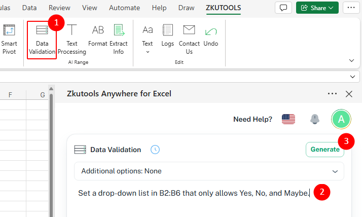 Enter validation request in Zkutools Anywhere for Excel