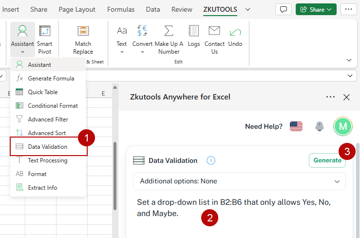Enter validation request in Zkutools Anywhere for Excel