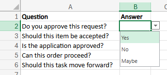 Data validation applied in Excel