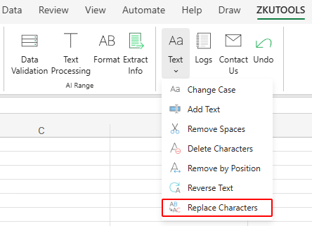 Open the Replace Characters feature from the ZKUTOOLS tab in Excel