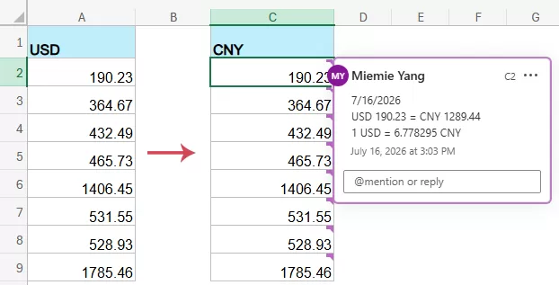 The converted value is added as a comment; the original value remains.