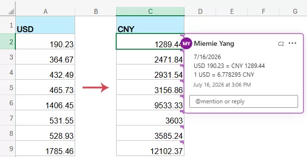 The converted value is written to the cell and added as a comment.