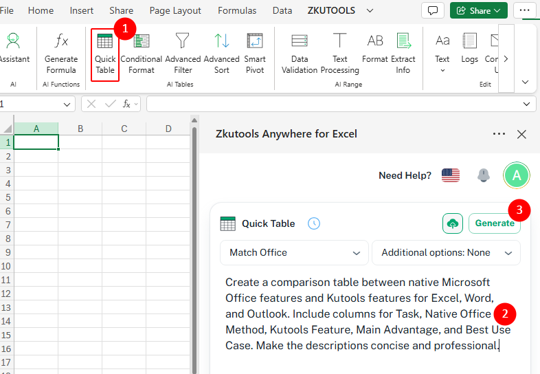 Generate a table in Quick Table