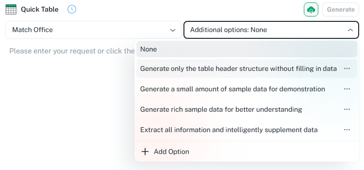 Choose additional options for Quick Table