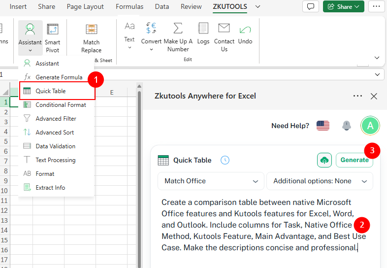Generate a table in Quick Table
