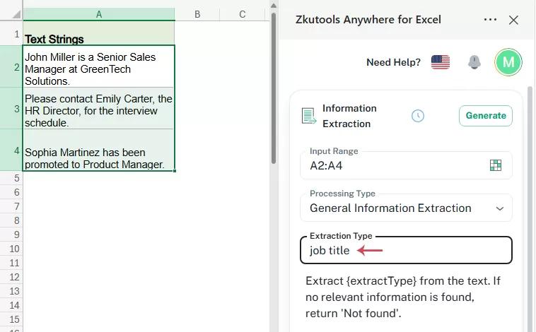 choose the options in the Information Extraction pane