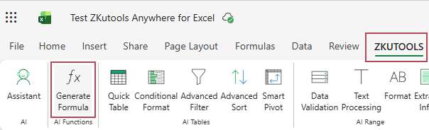 Open ZKutools Anywhere for Excel