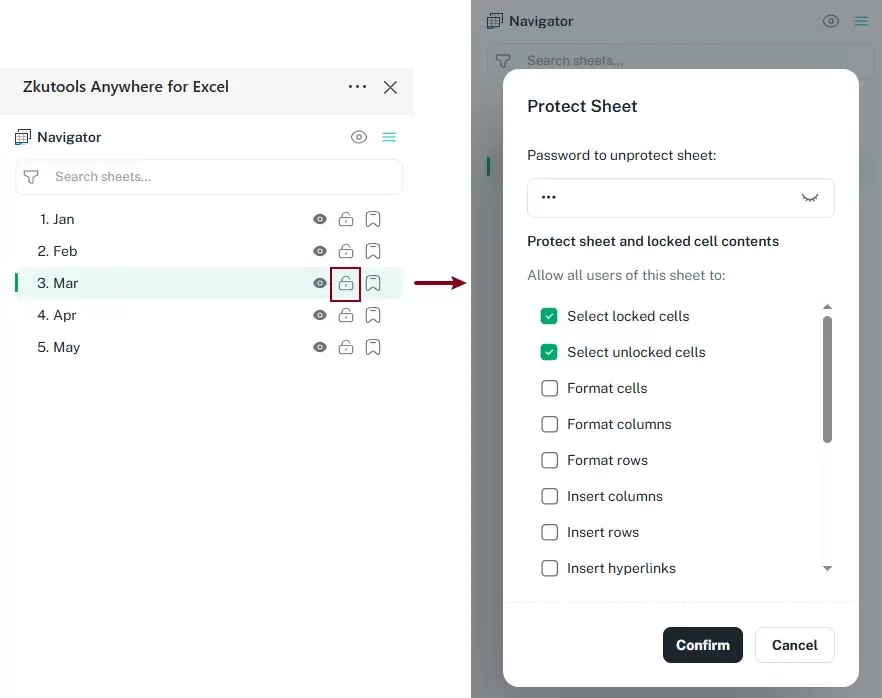a screenshot showing how to lock a worksheet in navigator