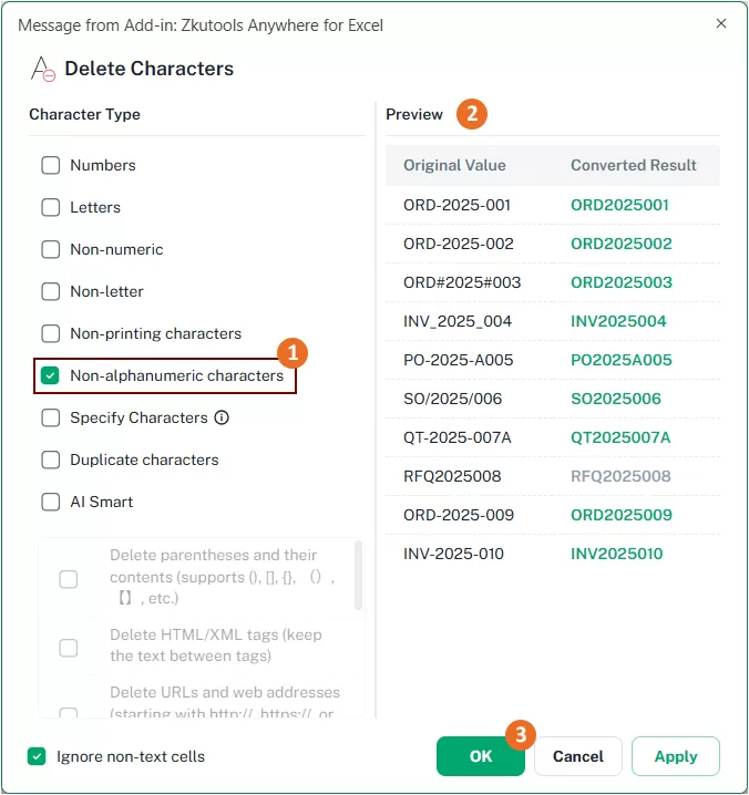 the non-alphanumeric characters type is checked