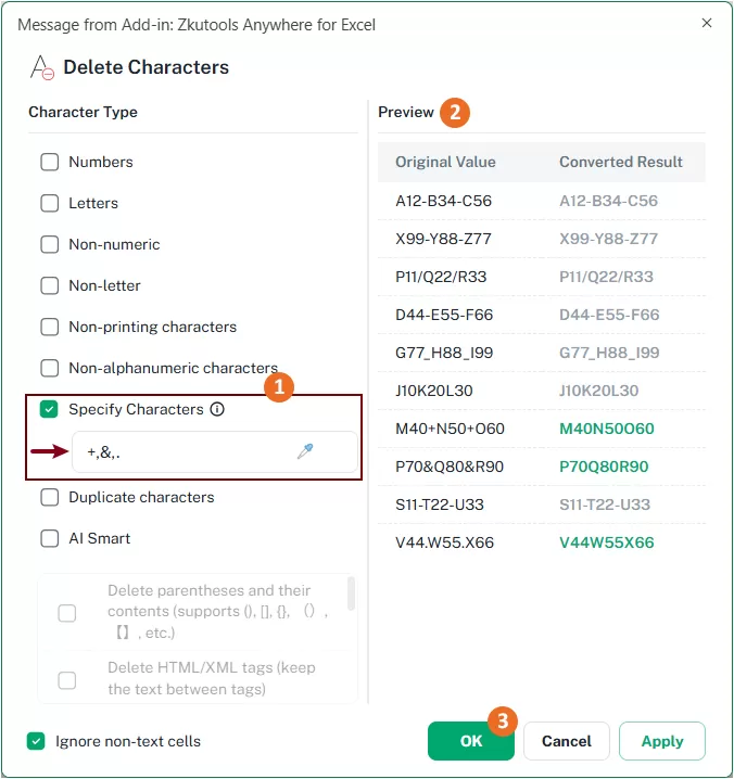 the specify characters type is checked and the specified characters are entered