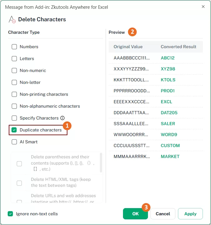 the duplicate characters type is checked 