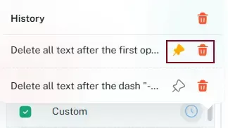 a screenshot showing how to pin or delete a preciously used ai rule