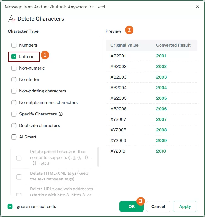 the letters character type is checked 