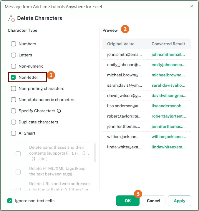 the non-letter character type is checked 
