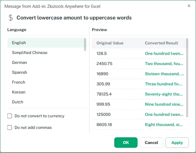 configure the spell out numbers dialog box