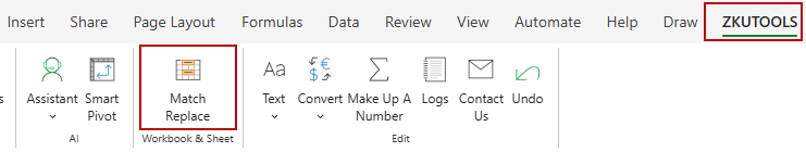 Click Match Replace to Open ZKutools Anywhere for Excel