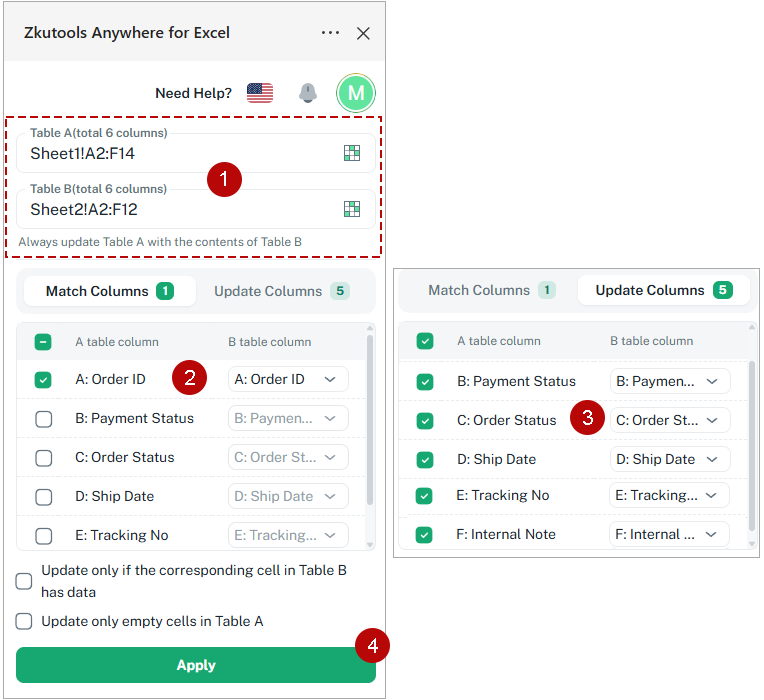 Use Match Replace to match columns and update selected columns