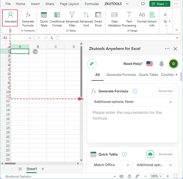 click to open the ZKutools Anywhere for Excel pane