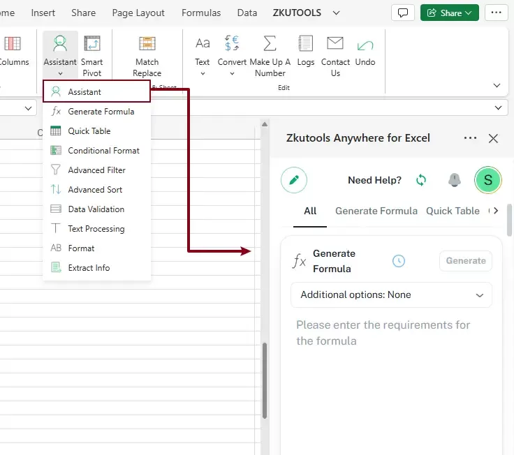 click to open the ZKutools Anywhere for Excel pane