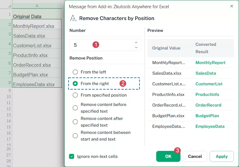 set options to Remove Characters from Right