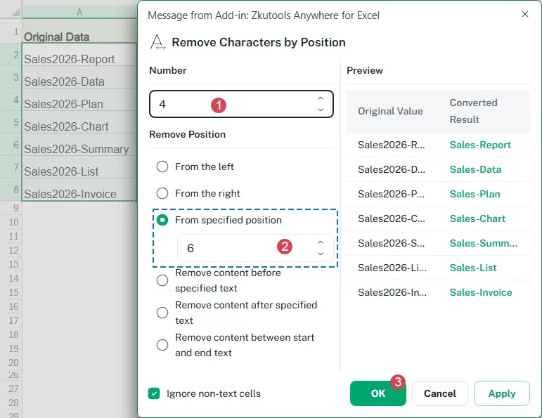 set options to Remove Characters from Specific Position